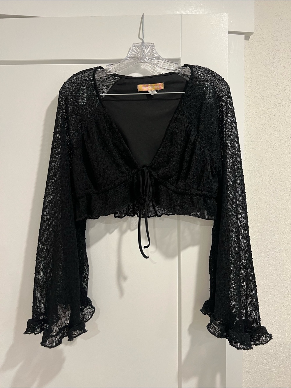 Urban Outfitters Sheer Black Tie-Front Crop Top with Ruffle Cuffs